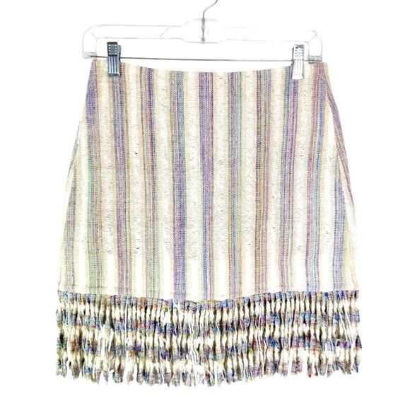 Alexis Vichy Silk Blend Textured Stripe Skirt with Fringe Hem In Neutral Size S - Picture 5 of 11